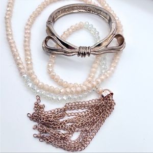 Rachel Leigh Bow Hinge Bracelet & Pink+Aurora Beaded+Rose Gold Tassel Necklace